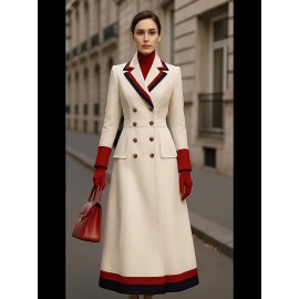 Fashion Trendy Color Blocked French Style Metal Double-Breasted Longline Peacoat
