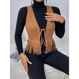 [Elegant Vest] Elegant Tassel Sleeveless Vest Jacket | Women's Medium Stretch Suede-Like Fabric, Adjustable Waist Tie & Fringe Hem, All-Season Versatile Layering Piece for Casual or Formal Outfits, Smooth Texture Finish