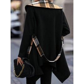 Women'S Elegant Mid-Length Winter Coat with High Neck and Plaid Patchwork Design - Warm, Lightweight, and Stylish for Office or Holiday Season, Warm Weather Jacket | Plaid Pattern Coat | Structured Coat