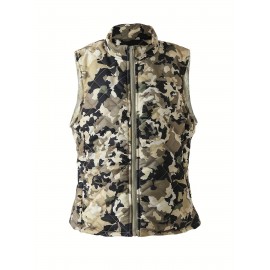 Women'S Lightweight Quilted Zip-Up Vest - Sleeveless, Stand Collar, Camouflage Print, Casual Style, Non-Stretch Fabric, Perfect for Fall/Winter, Casual Wear Vest|Quilted Vest|Zippered Vest