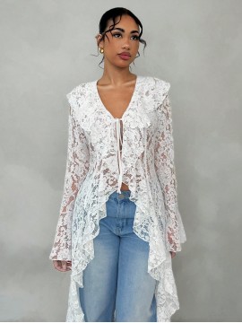 Spring-Summer Romantic Vacation Elegant Sheer Lace Trim Women's Long Thin Coat, Lightweight Coverup, Spring Fashion, Sheer Design, Delicate Detailing, Lace Overlay, Fine Stitching, Stylish Outerwear, Thin Jacket, Trendy Ladies, Summer Wardrobe