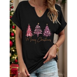 [Festive Christmas Tree Print Tee ] Women'S Christmas Tree Print T-Shirt, Polyester Blend, V-Neck, Short Sleeve, Knit Fabric, Casual Pullover with Slight Stretch, for Festive Holiday Top