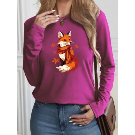 Women's Casual Long Sleeve T-Shirt with Fox & Maple Leaf Geometric Print - Vibrant Orange & Red on Grey, Round Neck, Machine Washable, Spring/Summer Vacation & Casual Attire, Versatile Streetwear, Spring Summer Apparel, Comfortable Fabric