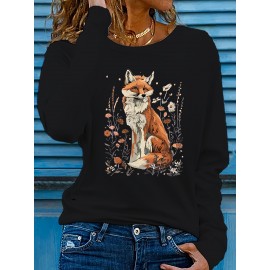 Women's Fox & Floral Graphic Print Long Sleeve T-Shirt - Soft Stretch Crew Neck Casual Top for Spring & Fall, Machine Washable Regular Fit, Medium Elasticity Shirt
