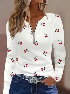 [Elegant Cherry Print T-Shirt] Elegant Women's Cherry Print Long Sleeve T-Shirt | Back Zipper, White with Red Cherry & Black Leaf Design, Round Neck Spring/Fall Layering Top, Regular Fit Casual to Semi-Formal Blouse