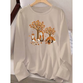 Women's Casual Long Sleeve Crew Neck T-Shirt - Fox & Autumn Leaves Graphic Print, Black with Orange Design, Medium Stretch, Machine Washable, All-Season Comfort Top, Naturethemed Apparel, Nontransparent Fabric