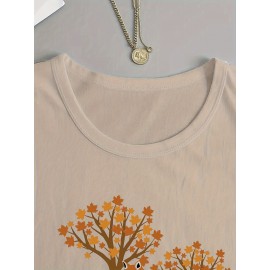 Women's Casual Long Sleeve Crew Neck T-Shirt - Fox & Autumn Leaves Graphic Print, Black with Orange Design, Medium Stretch, Machine Washable, All-Season Comfort Top, Naturethemed Apparel, Nontransparent Fabric