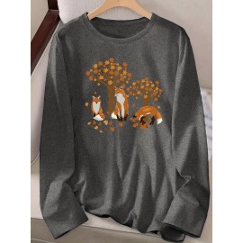 Women's Casual Long Sleeve Crew Neck T-Shirt - Fox & Autumn Leaves Graphic Print, Black with Orange Design, Medium Stretch, Machine Washable, All-Season Comfort Top, Naturethemed Apparel, Nontransparent Fabric