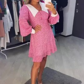 Women's Elegant Pink Floral Print Mini Dress with Peter Pan Collar & Long Sleeves - High-Waisted A-Line Button-Front Machine Washable All-Season Party & Casual Dress