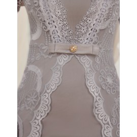 Elegant Dark Gray Lace-Trimmed Midi Dress with 3/4 Sleeves and V-Neck - Slim Fit, Flared Skirt, Zipper Detail, Perfect for All Seasons, Formal Attire|Sleek Fitted Top|Zippered Dress