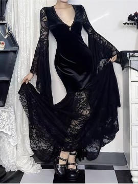Women's Gothic Dark Halloween Long Dress with Contrast Lace and Velvet Patchwork, Sexy Niche Flared Sleeve Unique Design