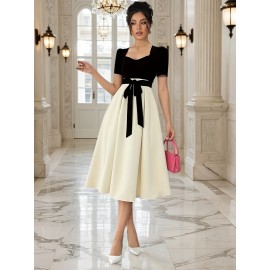 Elegant Square Neck Puff Sleeve Dress with Front Bow Detail - Black & White Color Block, A-Line Silhouette, Lightweight Summer Dress for Women, Cute Dress