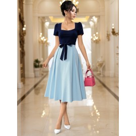 Elegant Square Neck Puff Sleeve Dress with Front Bow Detail - Black & White Color Block, A-Line Silhouette, Lightweight Summer Dress for Women, Cute Dress