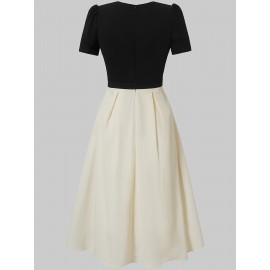 Elegant Square Neck Puff Sleeve Dress with Front Bow Detail - Black & White Color Block, A-Line Silhouette, Lightweight Summer Dress for Women, Cute Dress