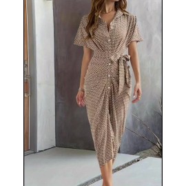 YY0511330 Spring-Summer New Fashionable Elegant Women's Full-Print Short Sleeve Shirt Dress with Single Button Pleated Mid-Length Tie-Waist Dress