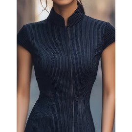 [Elegant Striped Dress] Elegant Women's Striped Dress with Pockets | Zip-Up, Stand Collar, Long Sleeve, Ribbed Texture, Black & White Vertical Stripes | Casual or Formal Occasions, Ladies Dresses