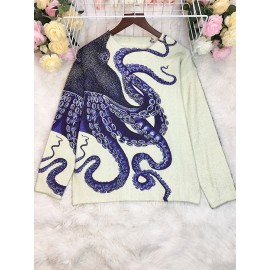 Women's Sweater - Long Sleeve Pullover Sweater with Navy Blue Octopus Tentacle Print, Elegant Casual Chic Sweater for Everyday Formal Outfits, Versatile Clothing, Unique Design, Soft Texture, Printed Top, Trend Followers