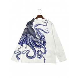 Women's 3D Printed Octopus Cardigan - Fashion All-Over Blue & White Tentacle Design, Button Front Round Neck Sweater for All-Season Wear, Casual Wear, Stylish Outerwear, Bold Pattern, Textured, Comfortable Fit