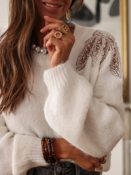 Women's Casual Chic Lace-Trimmed Long Sleeve Sweater with Bow Detail at Back - Soft Round Neck Pullover, Medium Stretch Autumn Winter Top for Casual Attire, Cute Sweaters