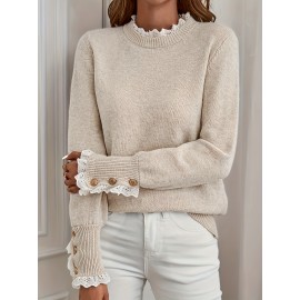 Women's Elegant Beige Sweater - Soft Long Sleeve Pullover for Everyday, Office, Party - Machine Washable Chic Sweater, All-Season Women's Clothing, Office Wear, Sophisticated Design, Comfortable Material, Stylish Top, Office Attire