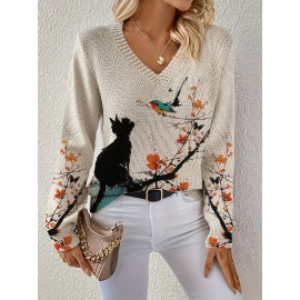 [Lightweight|Vneck Sweater] Lightweight|Vneck Sweater | Women's Elegant V-Neck Sweater with Colorful Cat & Floral Print - Long Sleeve, Button-Up Front, Perfect for Fall/Winter Commute & Casual Outings, Autumn Winter Apparel | Construction, Cat Sweater