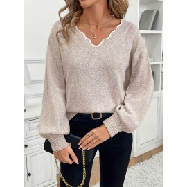 Women'S Elegant French-Inspired V-Neck Sweater with Back Bow - Long Sleeve Loose Fit Pullover, Soft & Brown Color Block Design, Fall/Winter Casual Chic Sweater, Sweater For Winter, Fall Fashion, Sophisticated Style, Quality Stitching, Stylish Top