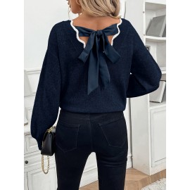 Women'S Elegant French-Inspired V-Neck Sweater with Back Bow - Long Sleeve Loose Fit Pullover, Soft & Brown Color Block Design, Fall/Winter Casual Chic Sweater, Sweater For Winter, Fall Fashion, Sophisticated Style, Quality Stitching, Stylish Top