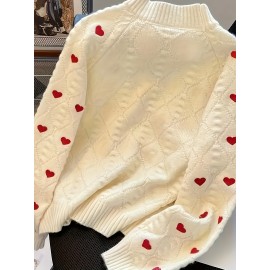 Women's Cozy Winter Sweater with Red Heart Patterns - Cute Round Neck Pullover, Soft Warm for Fall & Winter, Casual Chic Outfits, Cute Sweater, Comfortable Outfit, Details