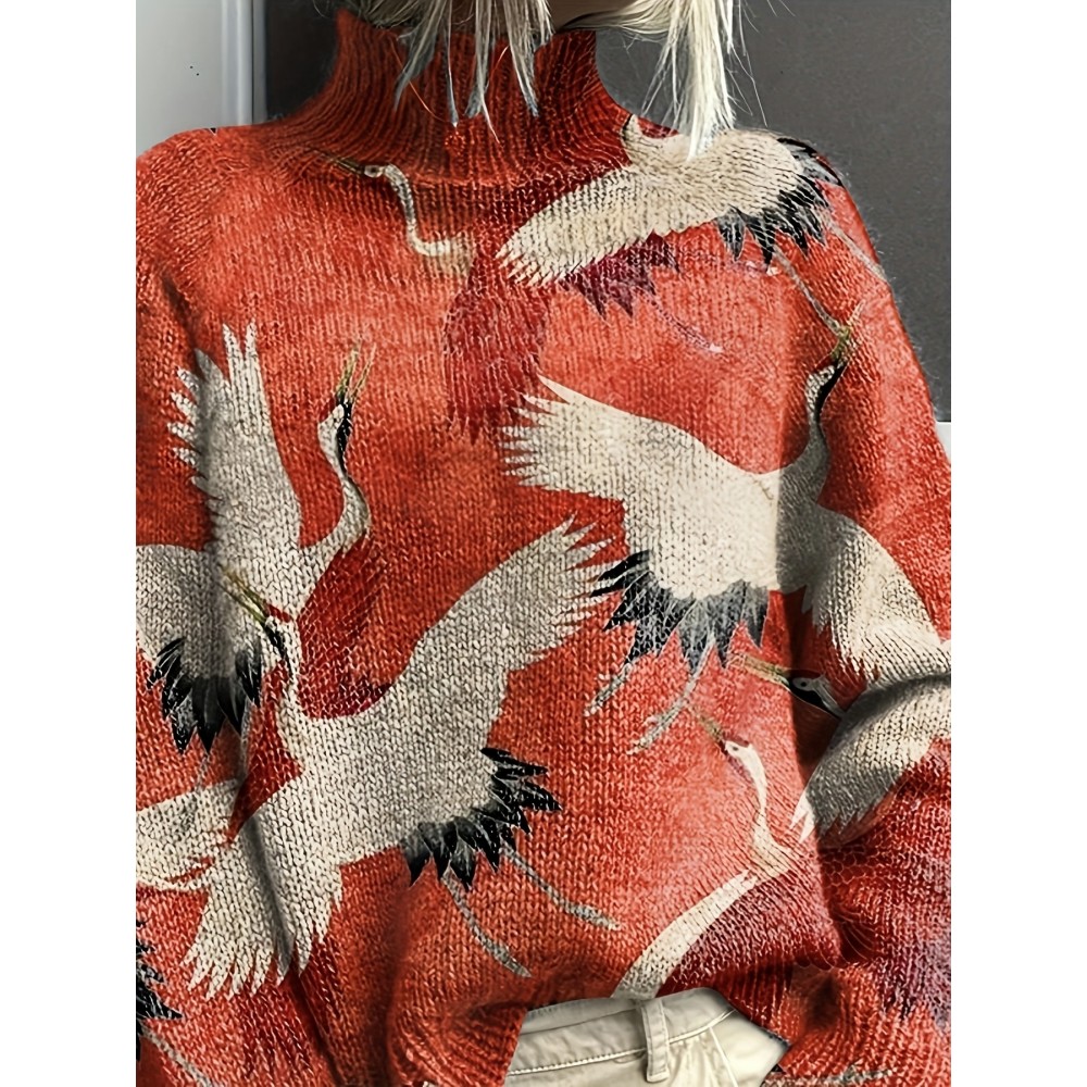 Women's Elegant Turtleneck Sweater - All-Over Crane Print in Red/Beige/Black/White, Soft Warm Pullover for All Seasons, Casual & Formal Wear, Turtleneck Sweater, Allseason Apparel, Highneck Design, Textured Knitwear, Quality Craftsmanship