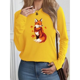 Women's Casual Long Sleeve T-Shirt with Fox & Maple Leaf Geometric Print - Vibrant Orange & Red on Grey, Round Neck, Machine Washable, Spring/Summer Vacation & Casual Attire, Versatile Streetwear, Spring Summer Apparel, Comfortable Fabric