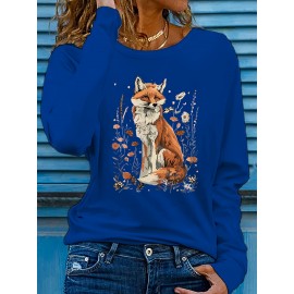 Women's Fox & Floral Graphic Print Long Sleeve T-Shirt - Soft Stretch Crew Neck Casual Top for Spring & Fall, Machine Washable Regular Fit, Medium Elasticity Shirt