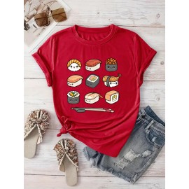 Women'S Casual Sushi Print T-Shirt - Short Sleeve Crew Neck, Vibrant Japanese Food Design, Machine Washable, Perfect for Spring/Summer Outings & Beach Vacations, Beachwear Tshirt | Playful Print Top | Machine Washable Top, Sushi Tshirt