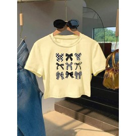 Women'S Slim Fit Bow Print Crop Top T-Shirt - Short Sleeve Crew Neck Casual Tee, Lightweight & Breathable for Spring/Summer Outfits, Machine Washable, Everyday Fashion, Everyday Tshirt | Bow Print Shirt | Glossy Texture