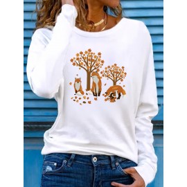 Women's Casual Long Sleeve Crew Neck T-Shirt - Fox & Autumn Leaves Graphic Print, Black with Orange Design, Medium Stretch, Machine Washable, All-Season Comfort Top, Naturethemed Apparel, Nontransparent Fabric